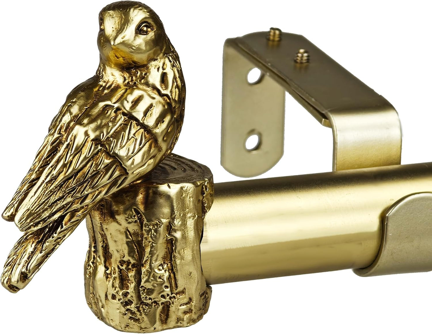 1-1/8 Inch Diameter Brushed Gold Curtain Rod with Bird Design Finials, 72-144'' Telescoping Single Curtain Rods for window width 68-140 inch, 1 pack