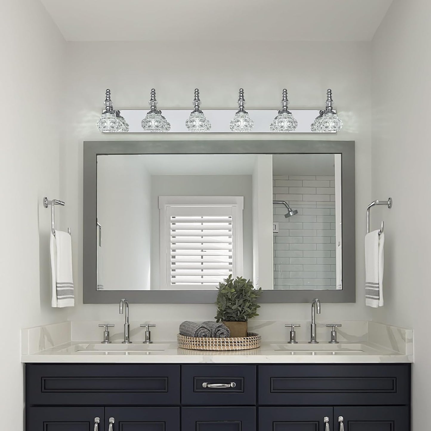 Modern Glass Crystal Vanity Light - Vintage Bathroom Lighting Fixtures Over Mirror, 6 Light Vanity Lights G9 Bulb (43.3 Inch, Chrome)