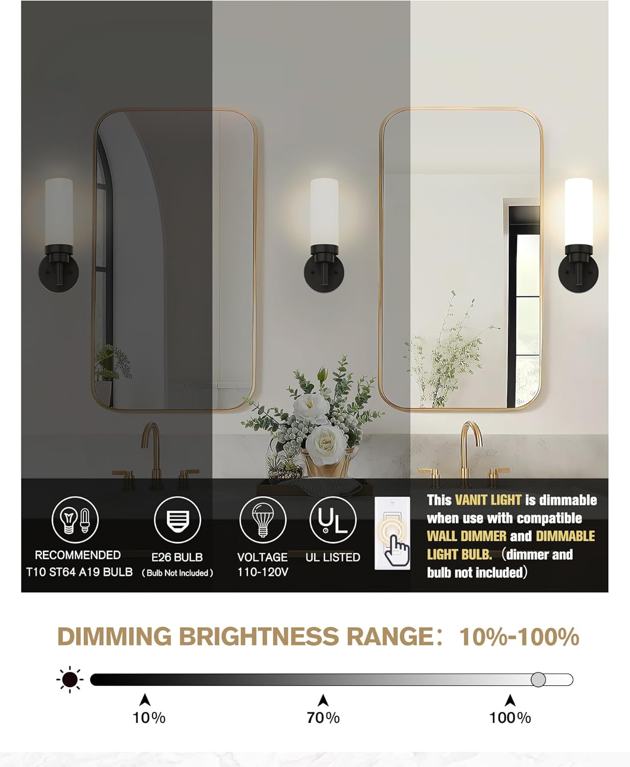 Emak Modern Wall Sconce Set of 2, Black Bathroom Light Fixtures with Milk Glass Shade, Farmhouse Wall Lamp for Bathroom, Bedroom, Living Room, Hallway, WS085-BK-ML-2PK