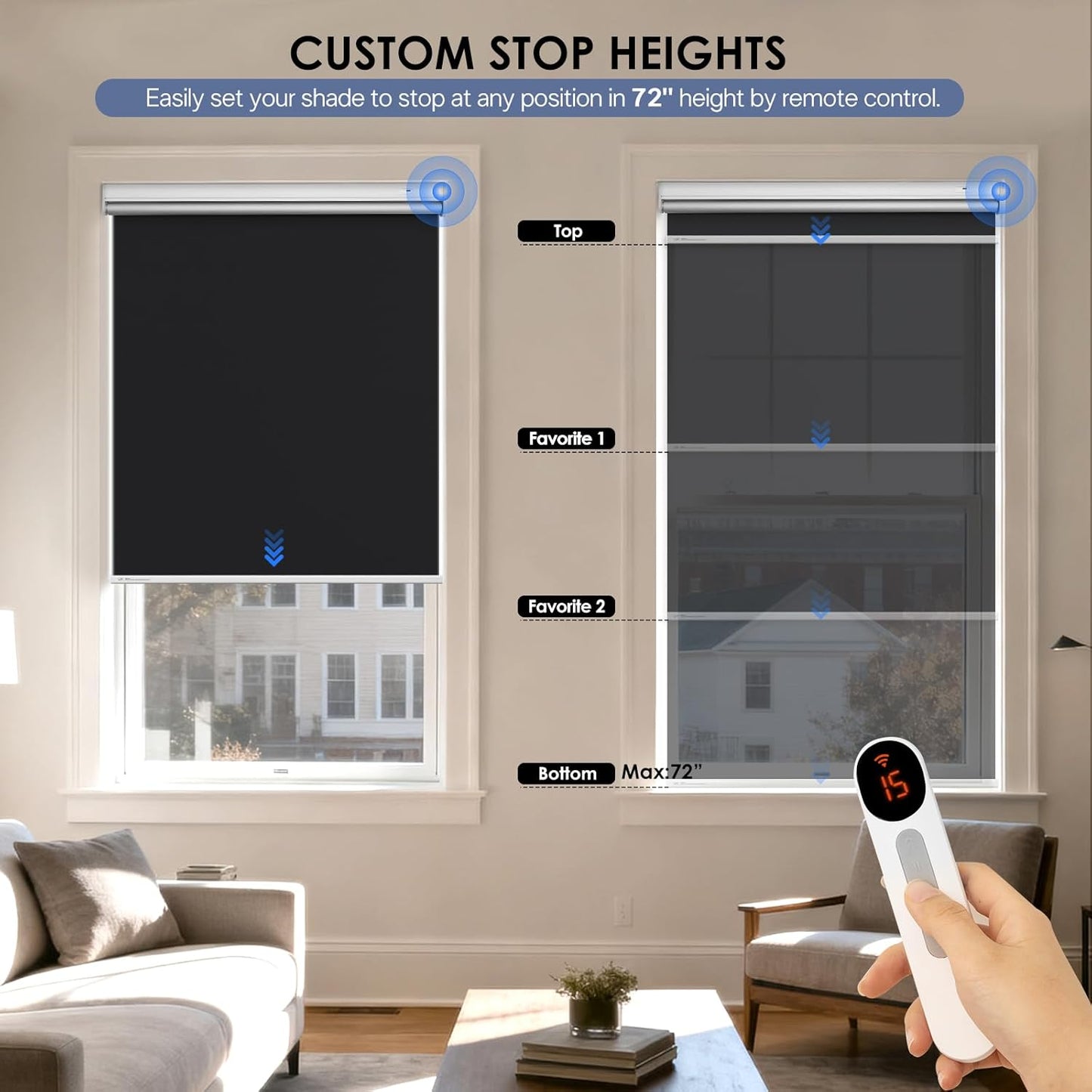 Motorized Roller Blinds with Remote Control & Solar Panel - 100% Blackout Smart Blinds, Automatic, Cordless, Electric Shades - Compatible with Alexa - Black, 48" W x 72" H