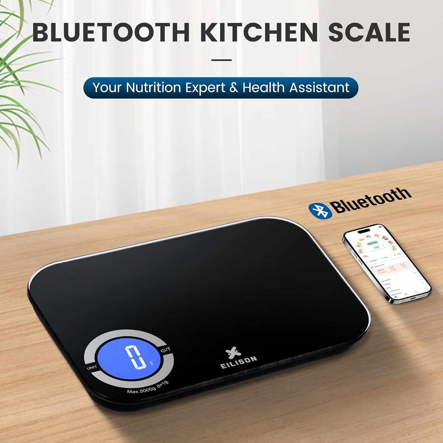 EILISON Smart Kitchen Scale with Bluetooth App, High-Precision Digital Food Scale for Baking, Cooking & Diet, 8000 Food Database, 24 Nutrients, Touchscreen, Tare Function, 5g-8000g Capacity (Black)