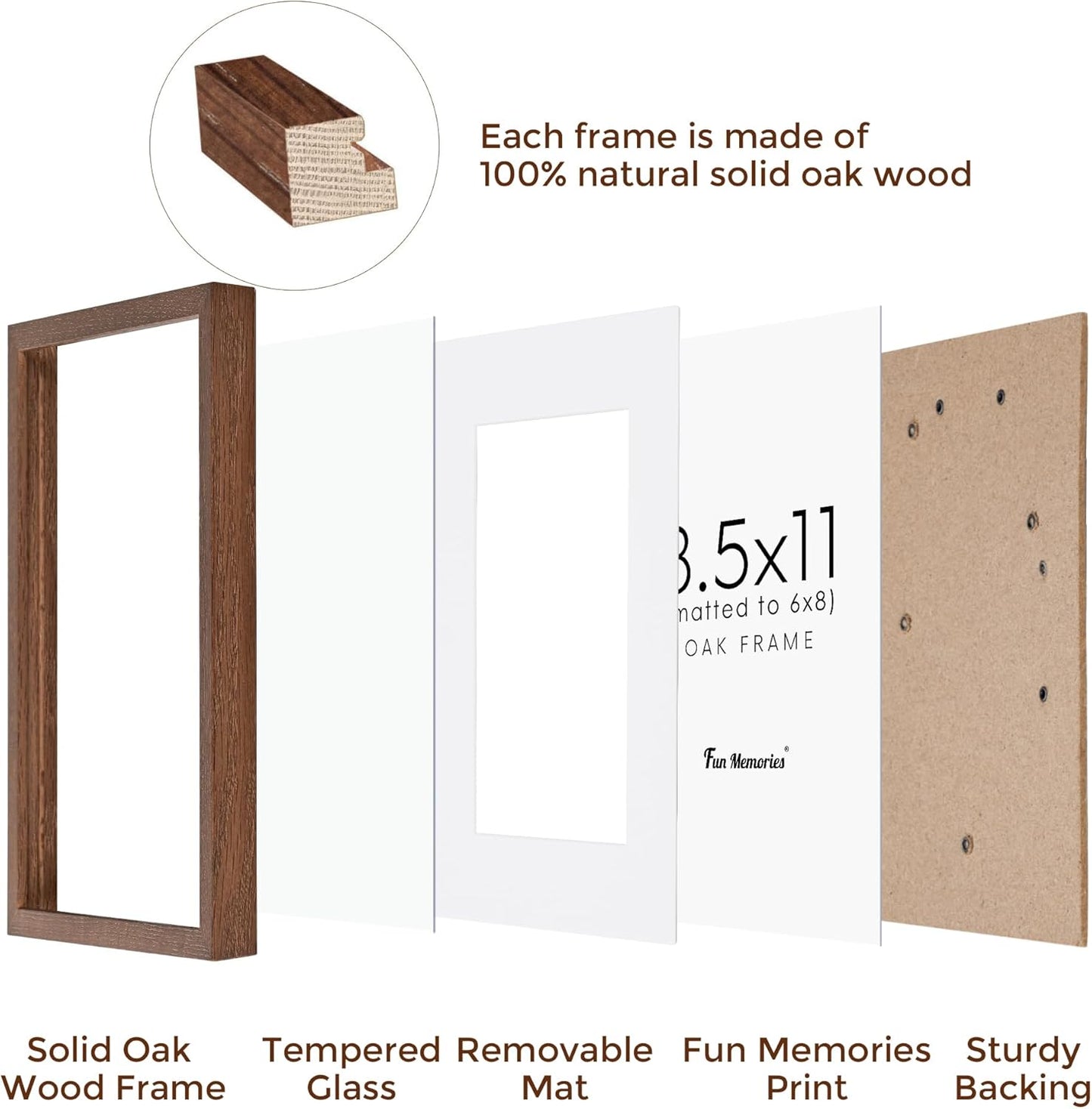 Picture Frame 8.5x11, Natural Oak Wood 8.5 x 11 Photo Frame, 8.5 by 11 Frame for Wall, 8.5x11 Picture Frame with Mat for 6x8, Tempered Real Glass, Walnut Color, Set of 1