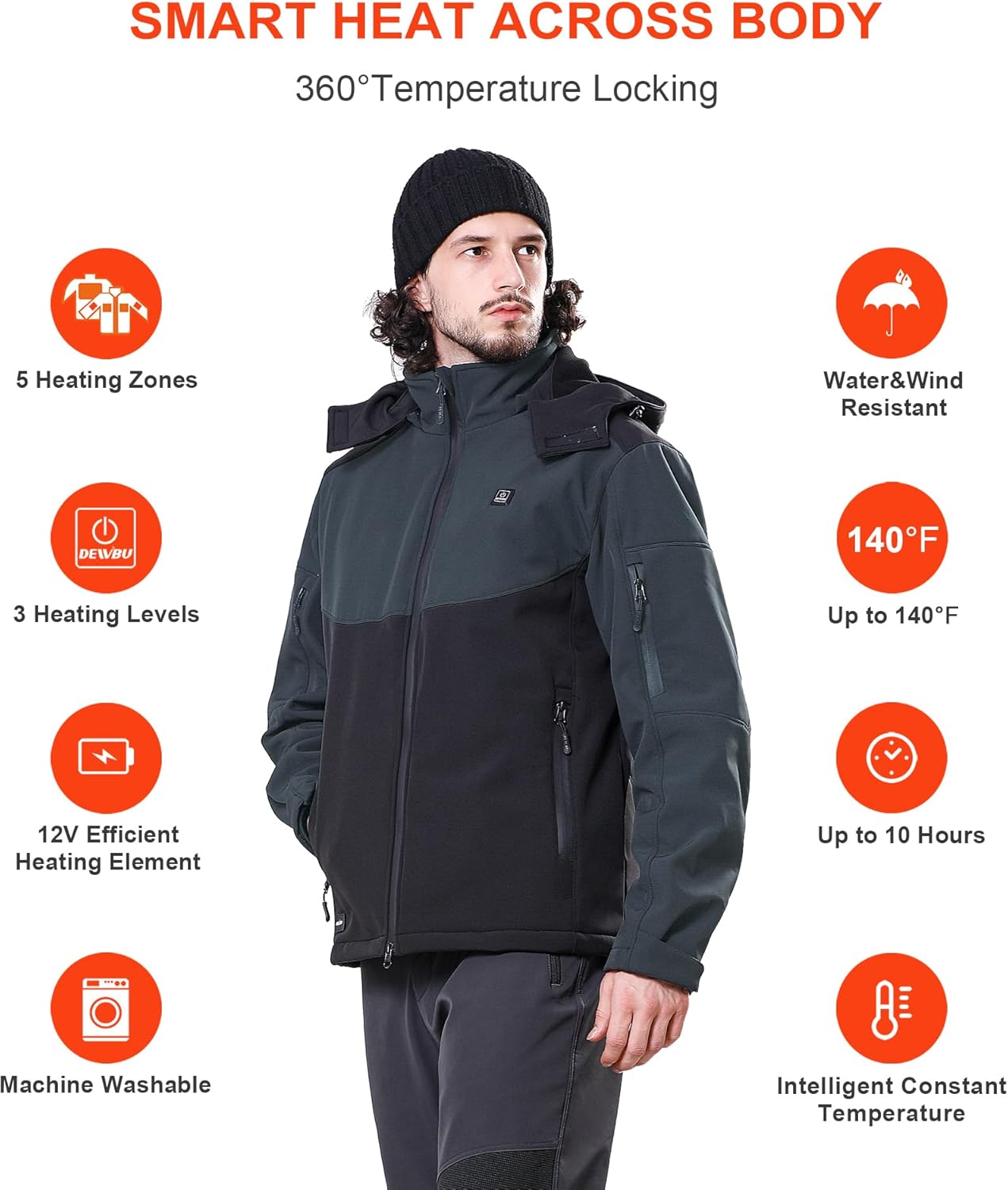 DEWBU Soft Shell Heated Jacket for Men with 12V Battery Pack and Detachable Hood Outdoor Electric Heating Coat