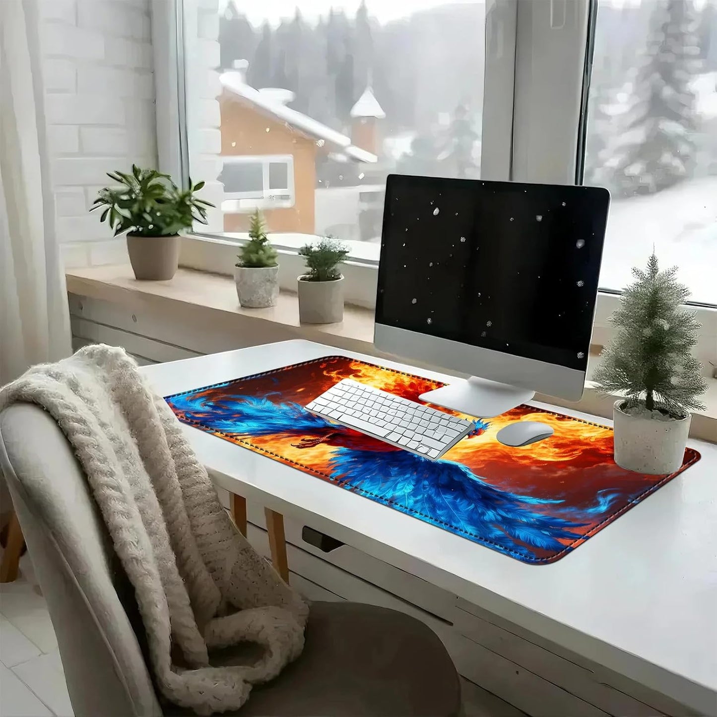 Heated Mouse Pad with 3 Temperature Settings(104°F–122°F),Large 31.5x13 Inch PU Leather Heated Desk Mat,Waterproof Warming Pad for Office,Gaming & Cold Hands Relief,Fiery Phoenix Bird