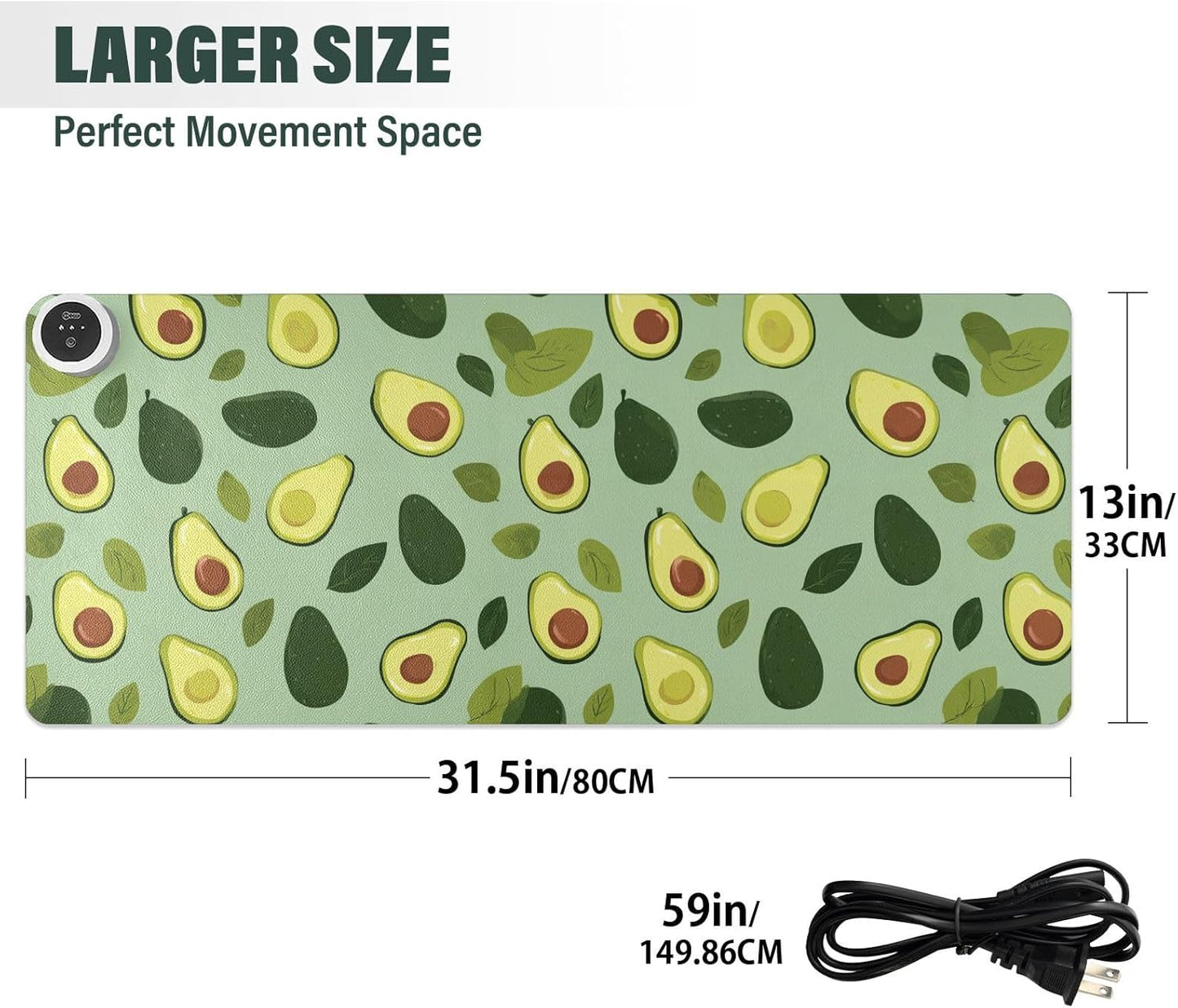 Heated Desk Pad Mouse Pad 31.5x13 Inch PU Leather Desk Mat with 3 Heat Levels Large Mouse Gaming Computer Laptop Mat Green Cute Avocado and Leaves