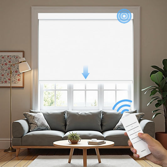 Motorized Roller Blinds with Remote, 100% Blackout Automatic Roller Shades for Bedroom, Bathroom, and Living Room, Customized Size, Pearly White