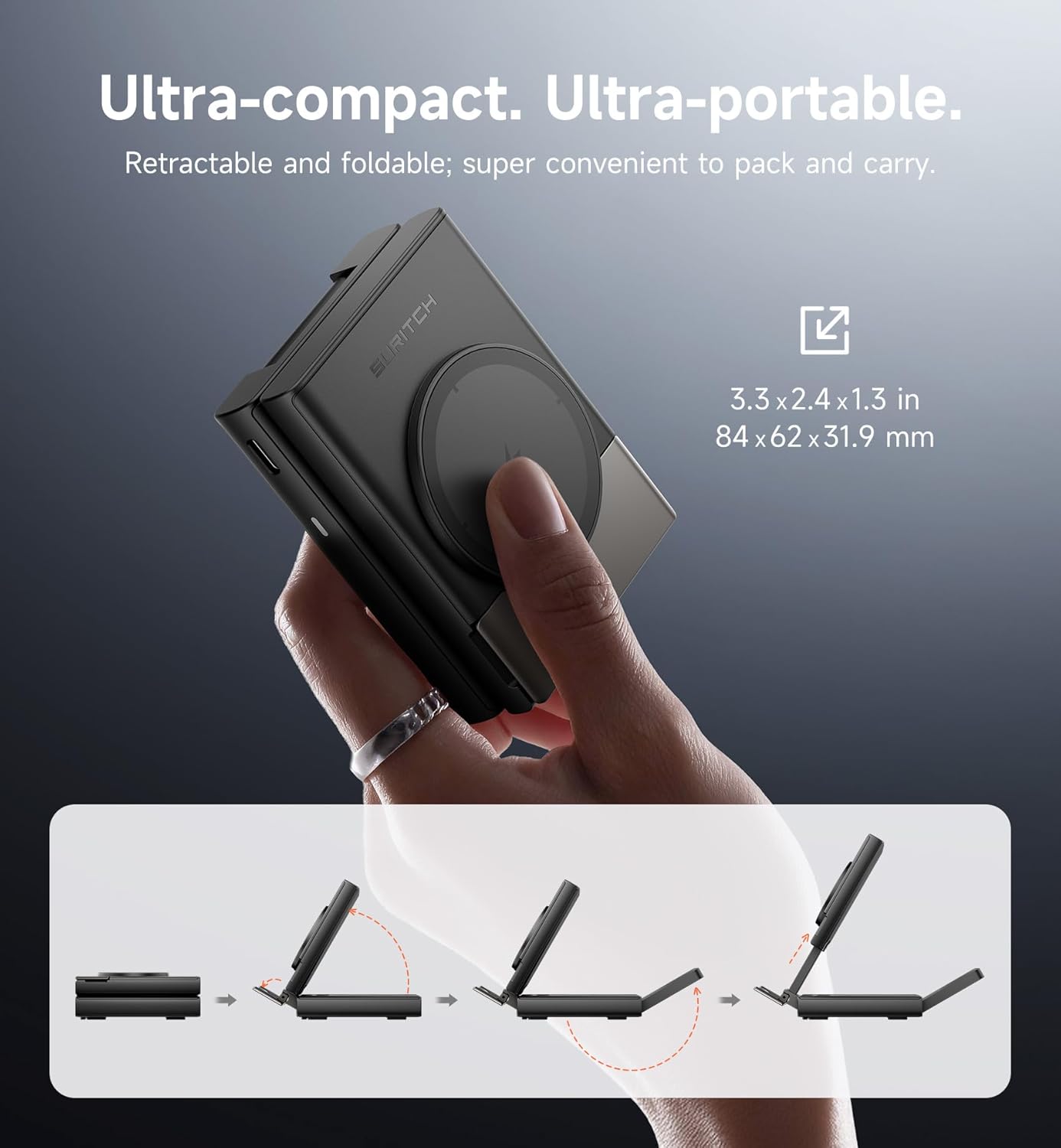 SURITCH for Samsung 3-in-1 Wireless Charging Station, 15W Ultra-Compact Chargers Foldable Charging Dock Stand for Galaxy S25 S24 S23 S22 S21 Z Fold/Z Flip, Galaxy Watch 8/7/6/5/4/3, Galaxy Buds, Black