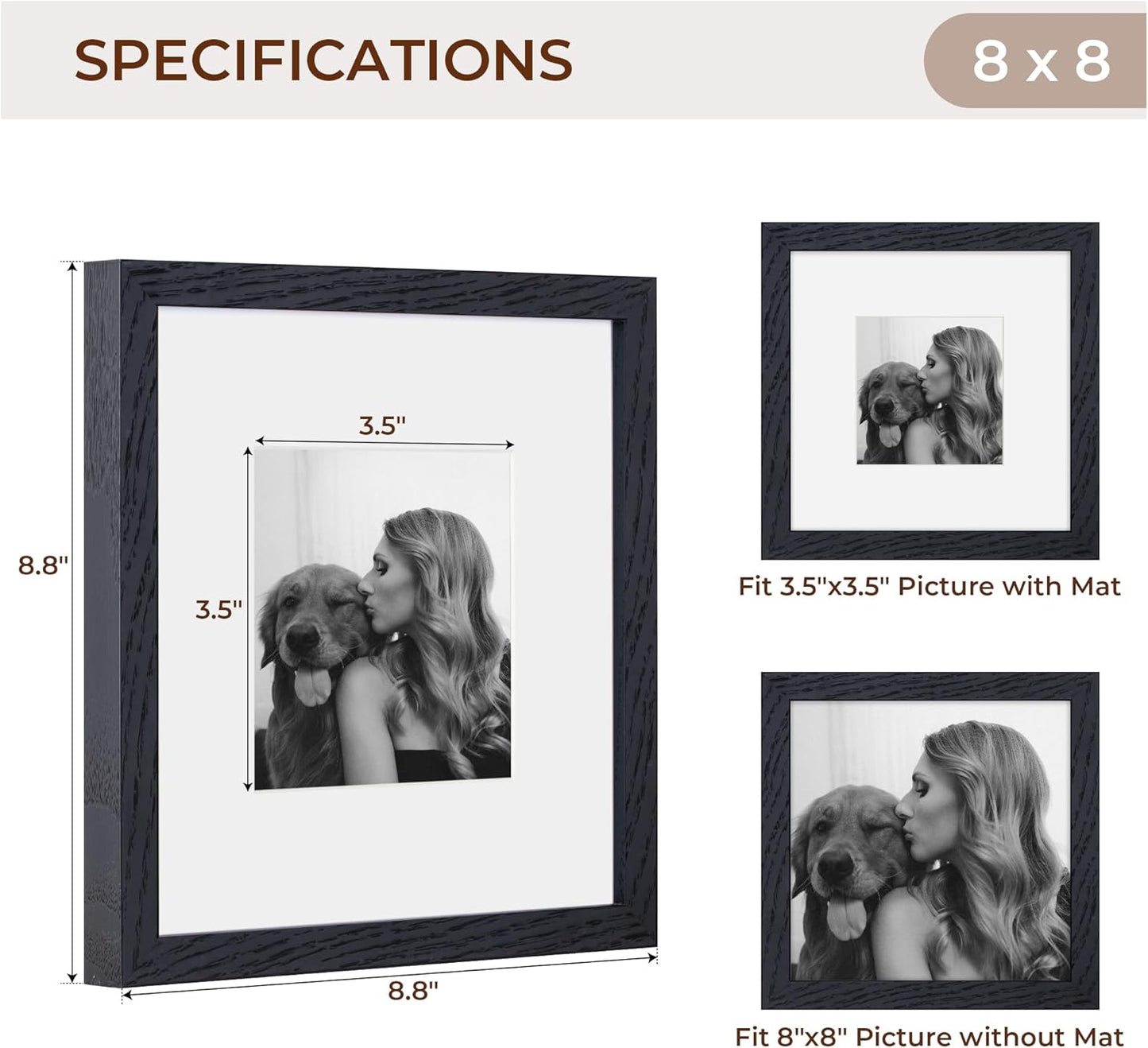 Fun Memories Rustic Oak 8x8 Picture Frame, Solid Oak Wood, 8"x8" Square Photo Frame with Tempered Glass, Matted to 4"x4", Black, Set of 4
