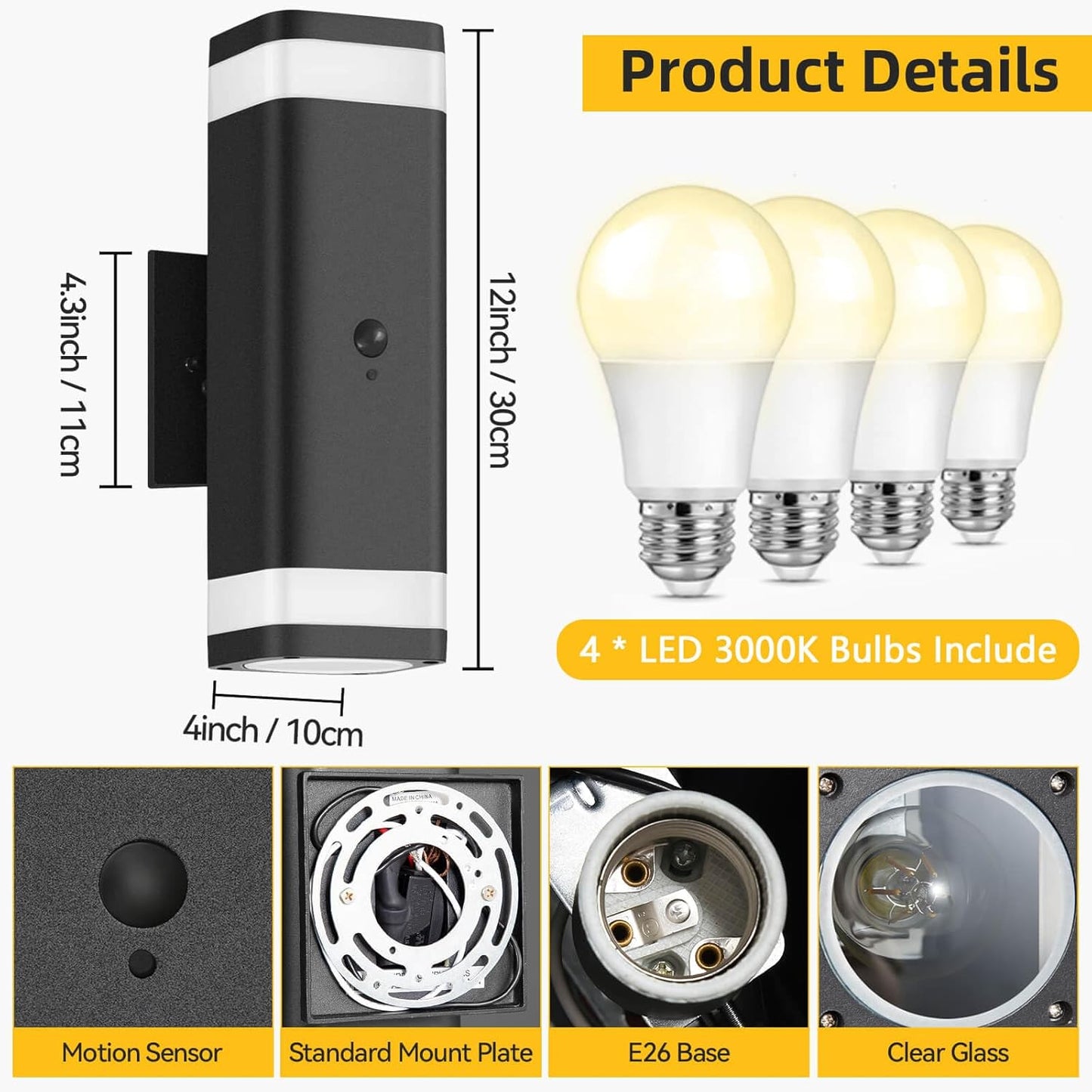 SHIMR Motion Sensor Outdoor Wall Lights 2 Pack, Modern Dusk to Dawn Up Down Sconce with 3 Modes, WaterprExterior Lighting Fixtures for Porch Garage Patio, 3000K LED Bulb Included, Black Finish