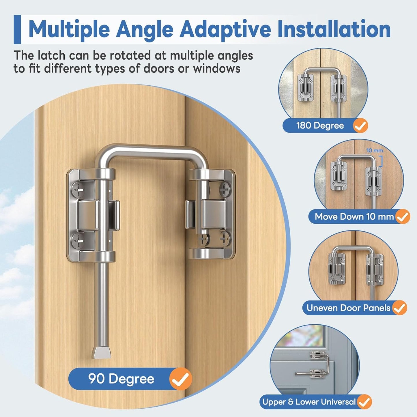 Sliding Door Loop Lock, 90/180 Degree Stainless Steel Patio Door Latch for Sliding Barn/Single/Double Opening Gate, Shed, Closet, Window, Fence - Home Security Loop Latch (Silver-1PC)