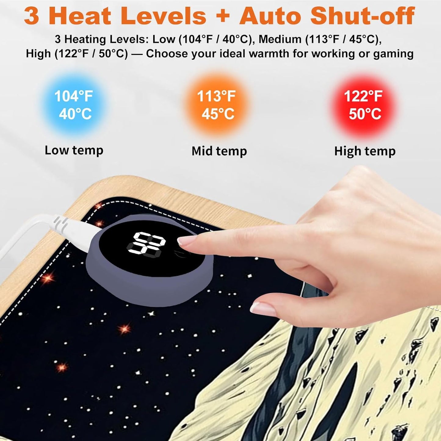 Small Heated Desk Pad 23.6" x 14.2" – Compact Electric Mouse Pad with 3 Heating Levels, Auto Shut-Off, Waterproof PU Surface, Plug-in Warmer for Office or Home Use, Astronaut on Moon