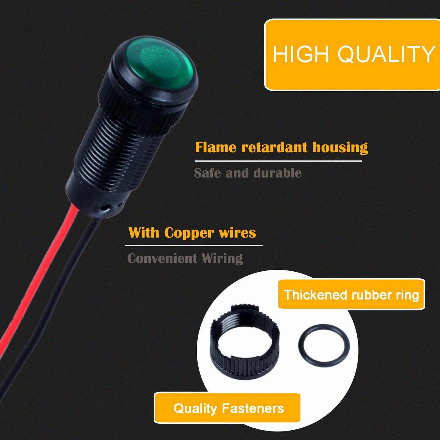 5pcs 10mm LED Indicator Light Plastic Black Signal Dot Lamp 110-220VAC 2/5" Mounting Hole Size with 15cm/5.9in. Wire (Green LED)
