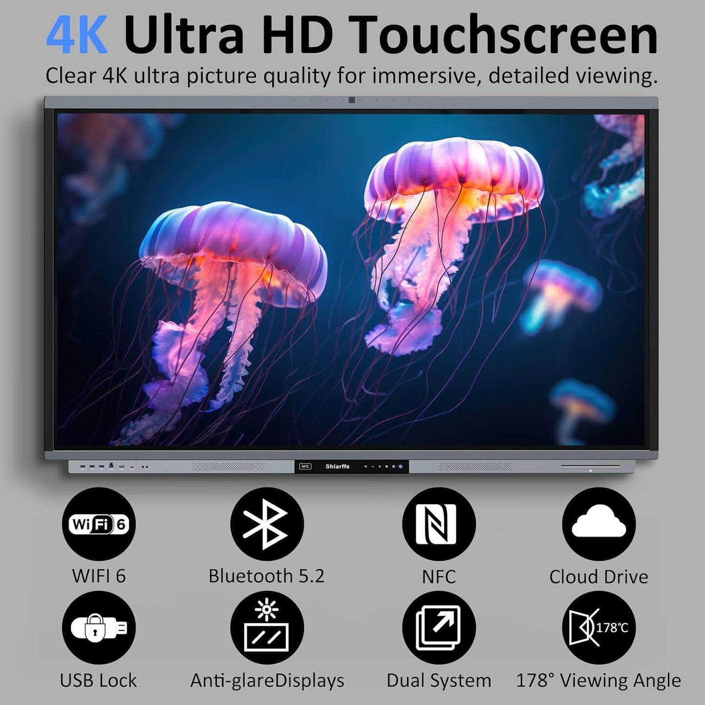 Shiarffe R9 Smart Board 4K Interactive Whiteboard EDLA-Certified All-in-One Touchscreen Digital Display Built-in 50MP AI Camera Mics and 60W Speaker for Classrom Hybrid Work