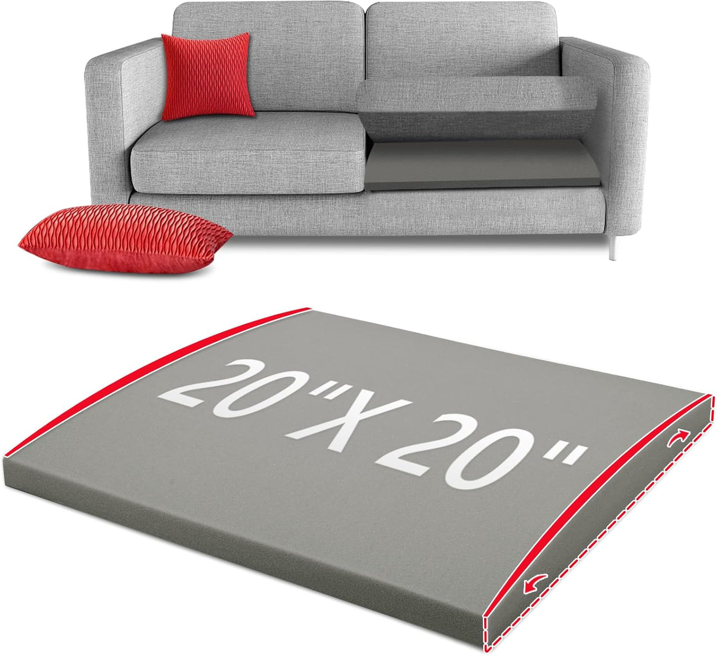 HAVARGO Couch Cushion Support for Sagging Seat 20X20X2 Inches Higher Density Foam Under Couch Cushion Support with Anti Slip Mesh Fabric, Light Grey 1Pc