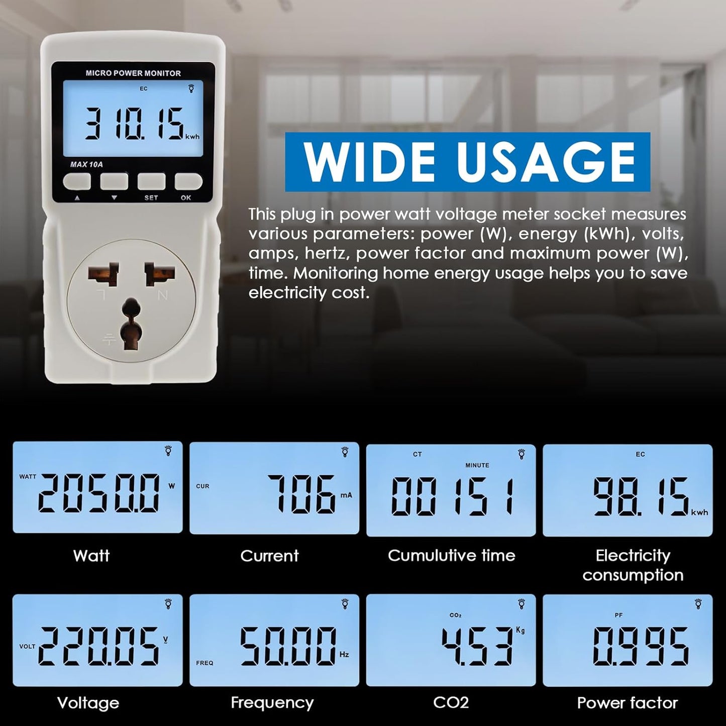 Electricity Monitor, Digital Power Overload Protection LCD Plug in Power Watt Voltage Meter, 8 Display Modes for Energy Saving, Watt Meter Outlet, Energy Consumption Factor, Power Consumption Monitor