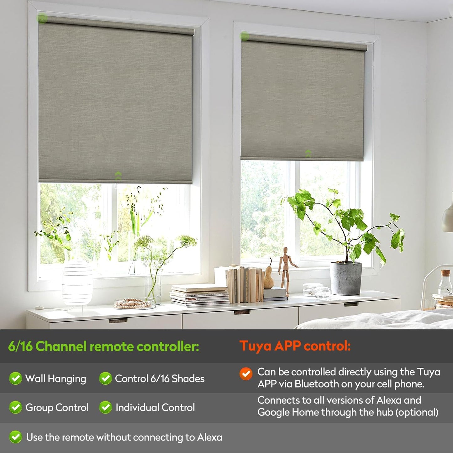 ZSTARR Motorized Blackout Roller Blinds with Remote Control,Rechargeable Smart Window Shades Compatible with Alexa Google via Hub,Fabric Wrapped Valance, Custom Size (Khaki)