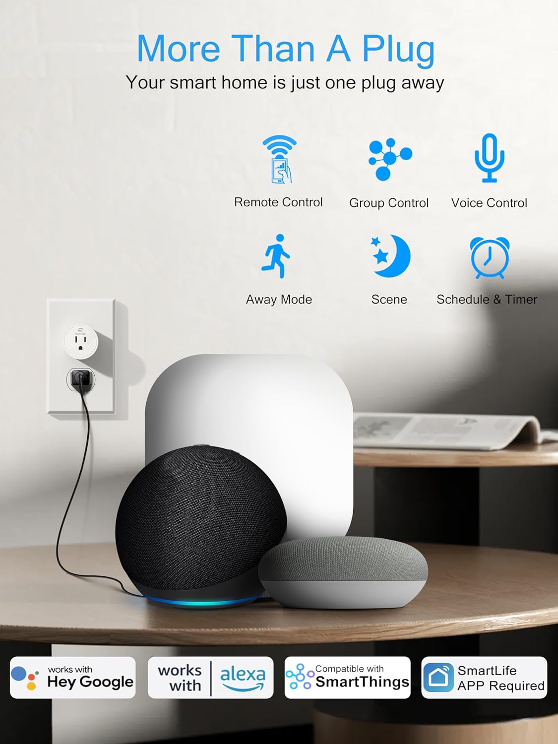 EIGHTREE Smart Plug 2025 Upgrade to 15A, Bluetooth & Wi-Fi Outlet Plug Dual Connection, Voice Control, Remote Control Outlet Timer Indoor, Smart Plugs That Work with Alexa & Google, 2.4GHz Wi-Fi Only