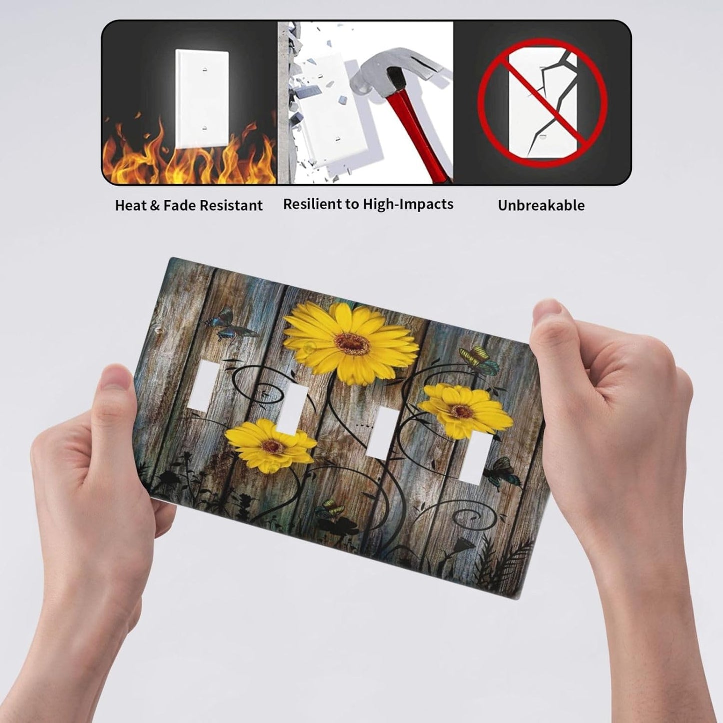 Rustic Barn Sunflower Wooden Daisy Flower Plank Light Switch Covers Quad Toggle Electrical Faceplate 4 Gang Wall Plate Decorative Switch Plates for Farmhouse Home Decor