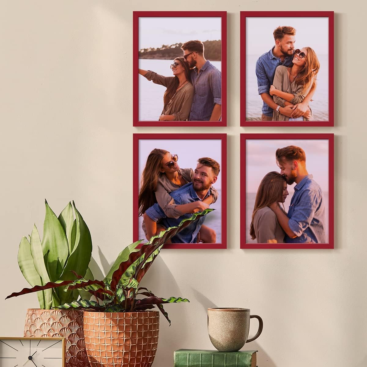 Renditions Gallery Set of 4, 8X10 Custom Photo Prints with Real Wood Picture Frames. Create Personalized Photos with Peel & Stick Photo Frames. Red Frame