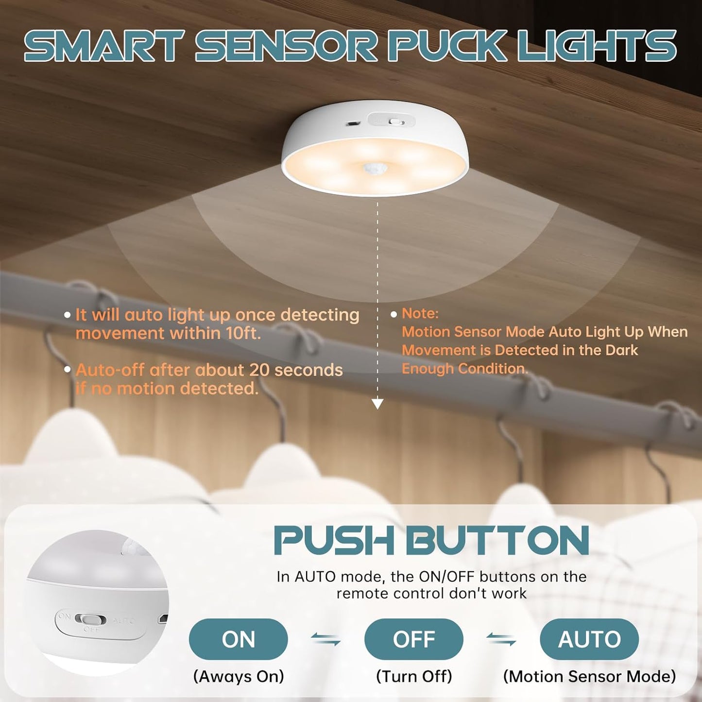 Motion Sensor Puck Step Lights with Charging Station, 3 Colors USB Rechargeable LED Closet Light, Dimmable Under Cabinet Lighting, Stick-on Lights (4 Pack)