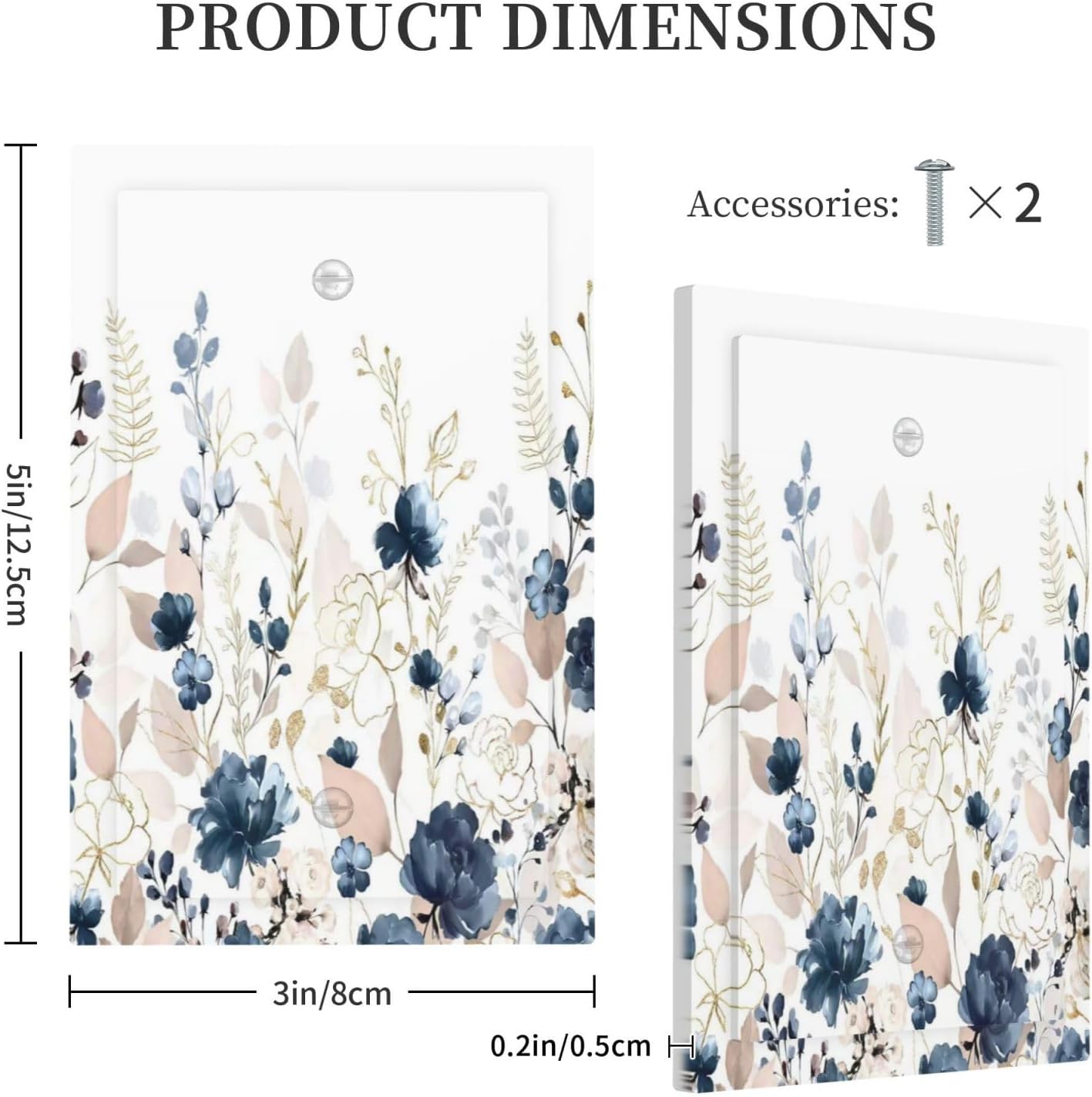Blue Flora Boho Vintage Flower Golden Leaves Light Switch Cover Plate 1 Gang No Device Blank Electrical Wall Plates Faceplate Decorative Switch Plate Covers for Bedroom Living Room Decor