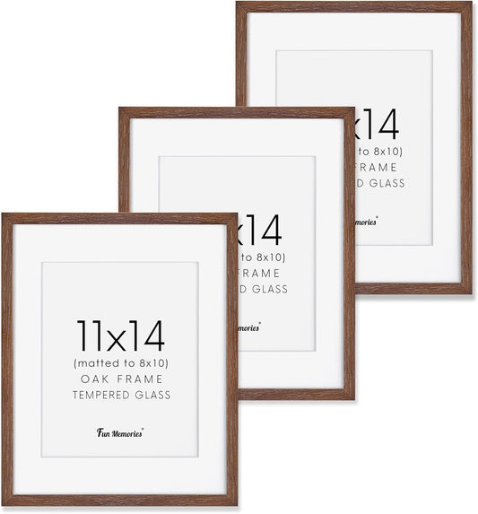 Fun Memories 11x14 Wood Picture Frame, Set of 3, Natural Oak Frame 11 x 14 with Tempered Glass, 8x10 Matted to Wood, Farmhousr Rustic Wooden Poster 11x14, Walnut Color