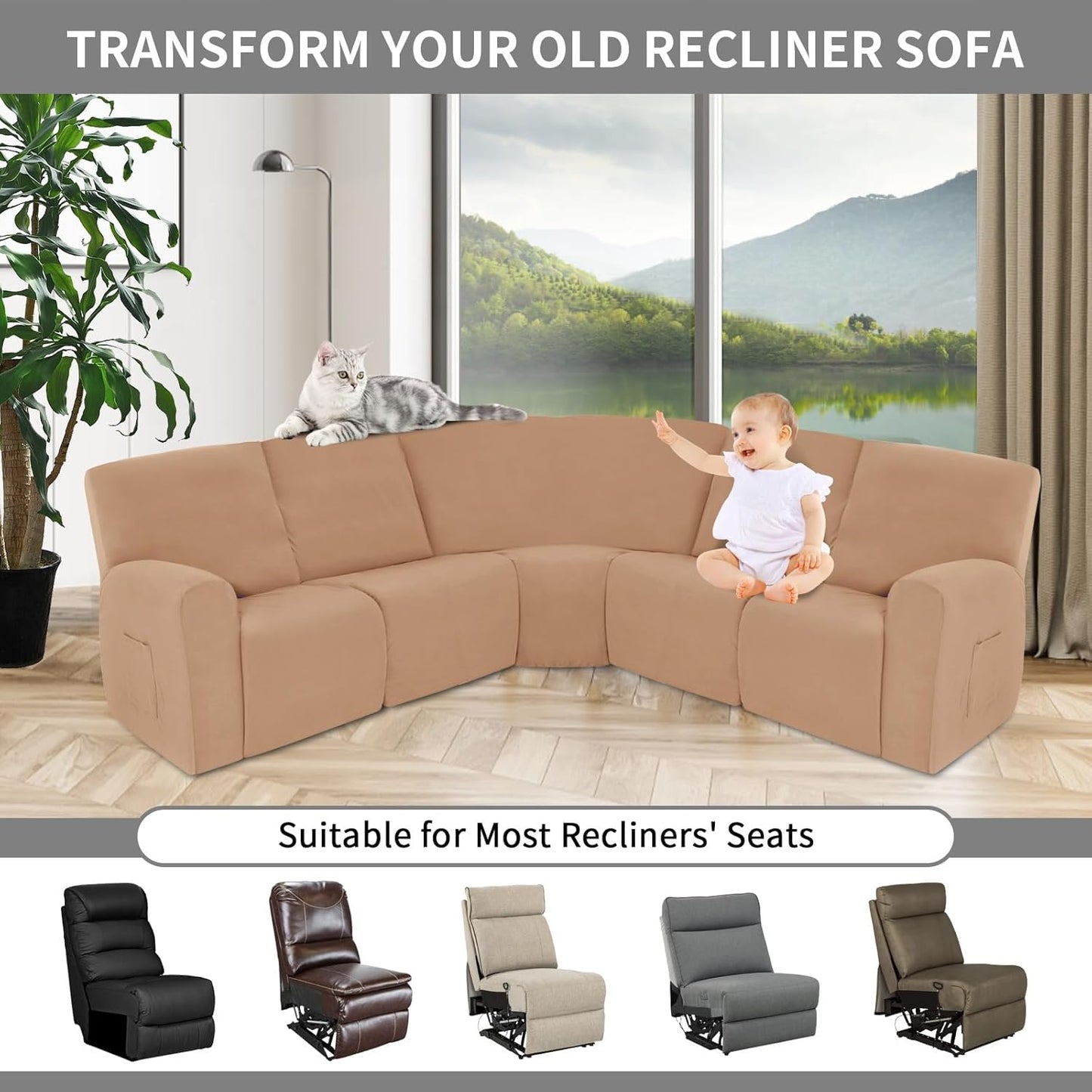 Easy-Going 100% Waterproof Recliner Cover Additional Seat Cover for Reclining Couch, Stretch Sofa Covers Washable Furniture Protector for Kids & Pets, 1 Seat, Camel