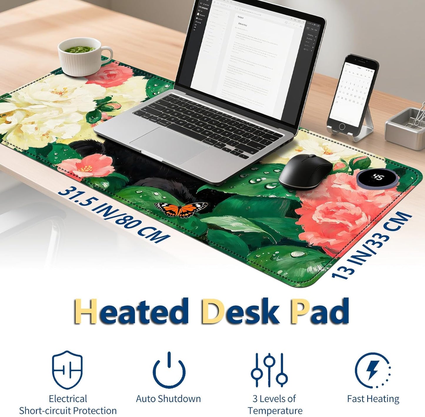 Heated Mouse Pad with 3 Temperature Settings(104°F–122°F),Large 31.5x13 Inch PU Leather Heated Desk Mat,Waterproof Warming Pad for Office,Gaming & Cold Hands Relief,Flower Black Cat Art