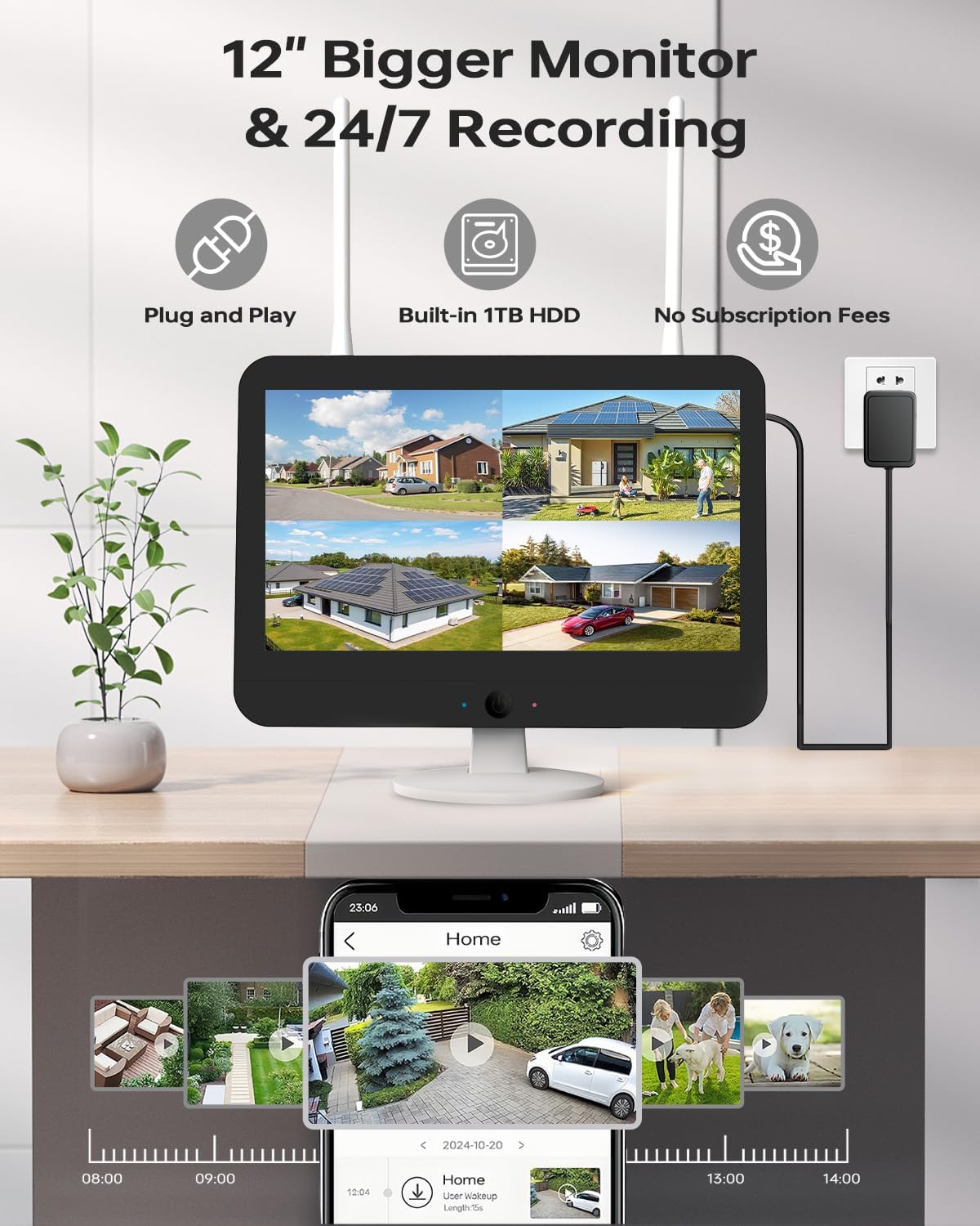 Wireless Security Camera System for Home, Wkkengd Dual Lens 2K+2K Auto Tracking Outdoor Surveillance | 2 Cameras with 10CH NVR | 12.5" Monitor with 128G| Color Night Vision | WiFi 6 | Alexa Compatible