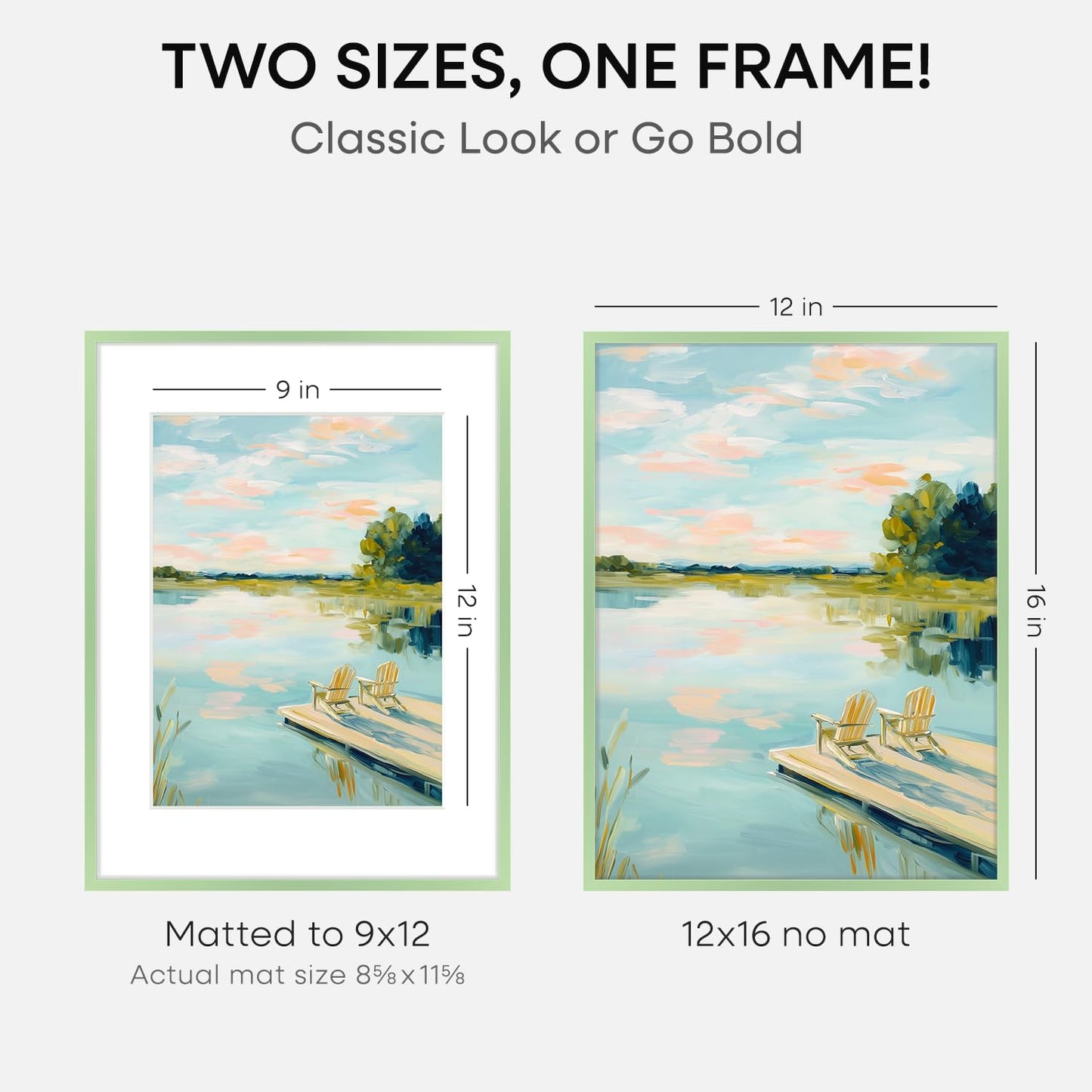 Homeforia 12x16 Sage Green Picture Frame, High End Metal 12x16 Poster Frames with Mat 9x12 Photo, 12 x 16 Sage Green Frame Matted to 9 by 12 Art, 16x12 Thin Frames, Tempered Glass, Wall Kit, Set of 2