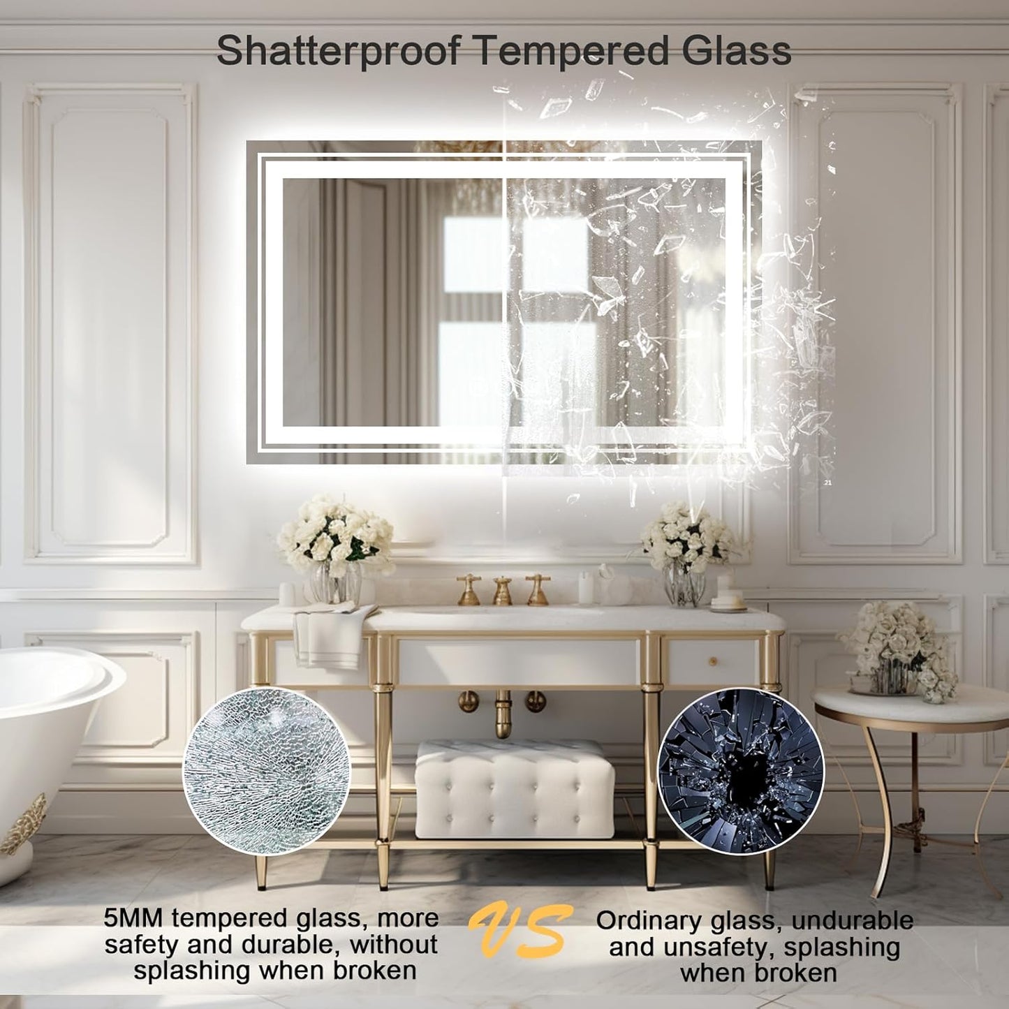 WTTY 48x36 LED Bathroom Mirror with Lights, Backlit and Front Lighted Bathroom Vanity Mirrors Wall Mounted, Double LED Vanity Wall Mirror for Bathroom with Anti-Fog, Dimmable, Memory, Shatter-Proof
