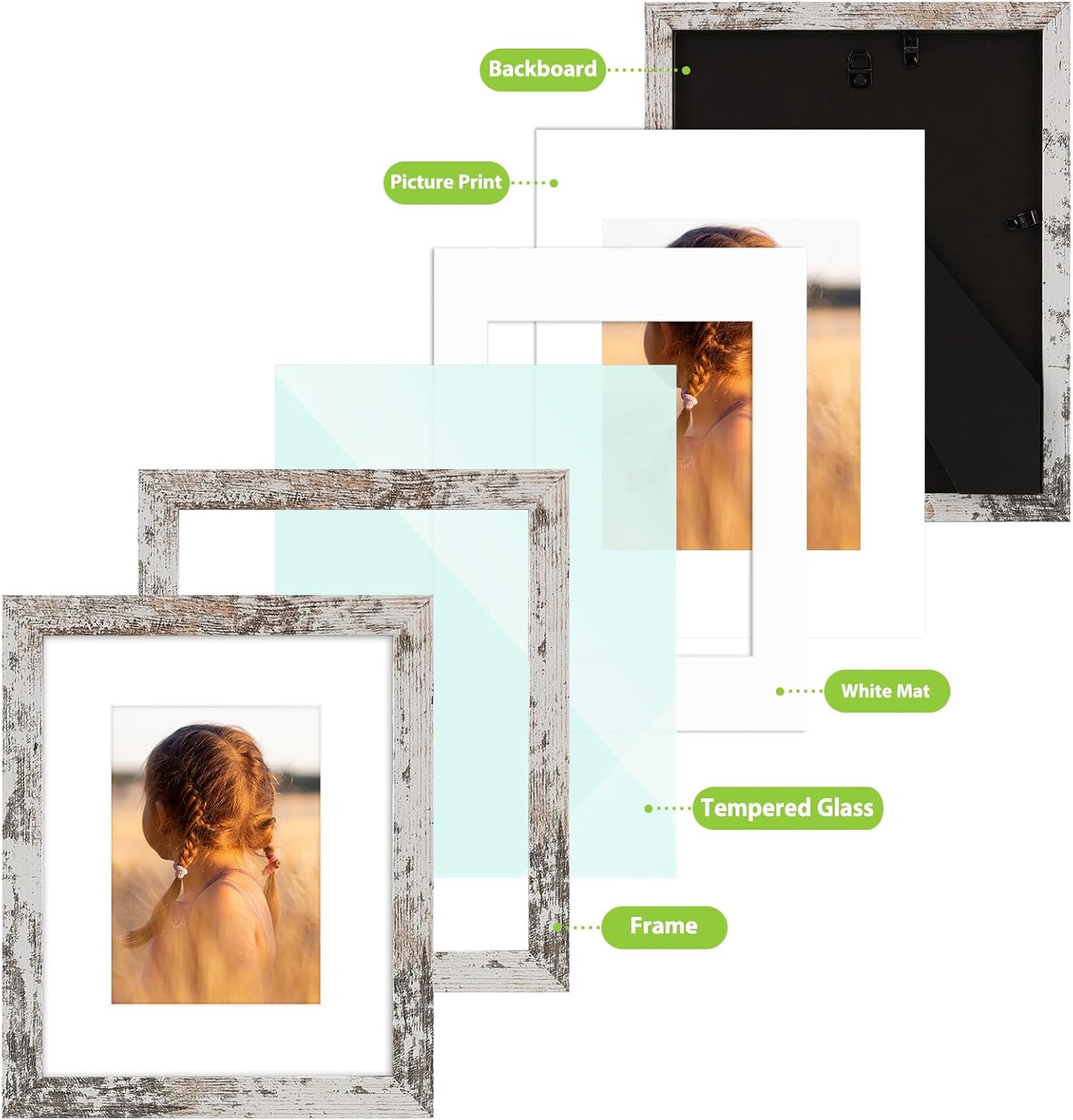 Golden State Art, 8x10 Picture Frame with Mat for 5x7 Photo - High Definition Glass Wall Mounting or Tabletop Display (Weathered White, 1 Pack)