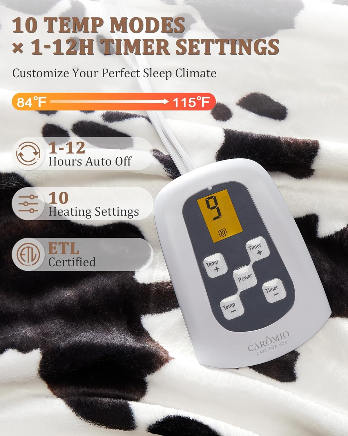 CAROMIO Heated Electric Blanket Twin Size, Cow Print Fast Heating Throw Blankets with LCD Controller, 10 Heat Levels & 1-12H Time Settings Auto Off, ETL Certified, Brown Black, 62" x 84"