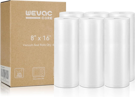 Wevac Vacuum Sealer Bags 8x16' Rolls 6 pack for Food Saver, Seal a Meal, Weston. Commercial Grade, BPA Free, Heavy Duty, Great for vac storage, Meal Prep or Sous Vide