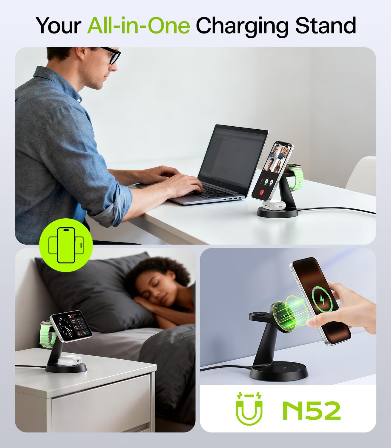 3 in 1 Charging Station for Apple Devices, 15W Fast Wireless Charger Compatible with MagSafe Charging Stand for iPhone 17 16 15 14 13 12 Series, Watch Charger Stand for Apple Watches & Airpods