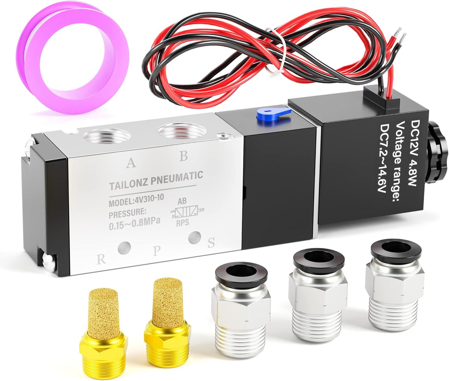 TAILONZ PNEUMATIC 3/8"NPT 12V Solenoid Valve 4V310-10 12V/24V/110V/220V Single Coil Pilot-Operated Electric 2 Position 5 Way Connection Type（Outlet wire）