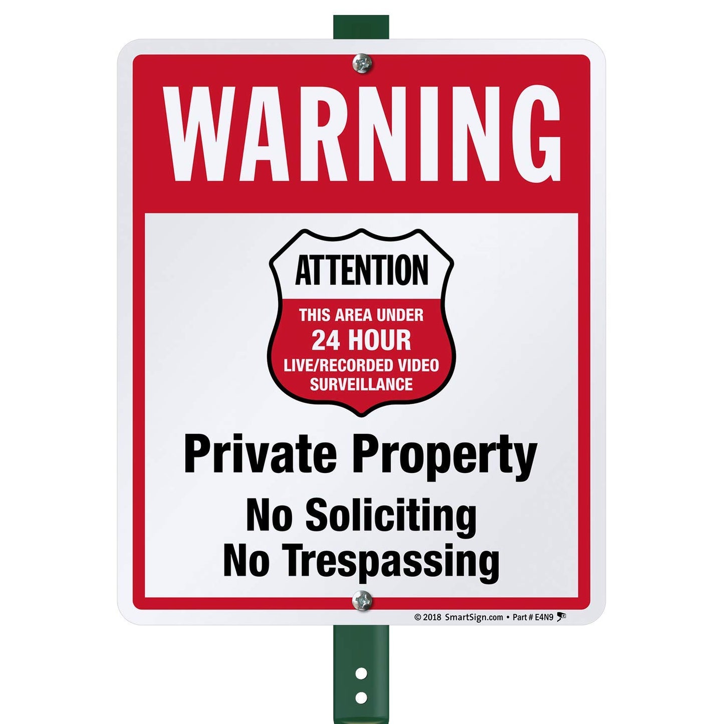 SmartSign 12" x 10" 'Warning - Private Property, No Soliciting/Trespassing, Area Under Surveillance' Yard Sign with 3 ft Stake, 40 mil Laminated Rustproof Aluminum, Red/Black/White, USA-Made