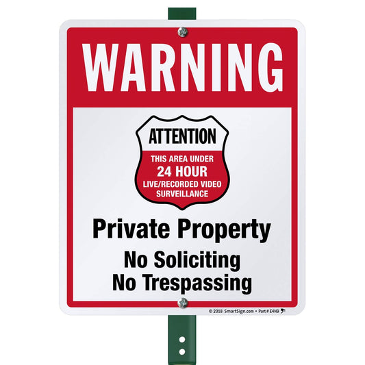 SmartSign 12" x 10" 'Warning - Private Property, No Soliciting/Trespassing, Area Under Surveillance' Yard Sign with 3 ft Stake, 40 mil Laminated Rustproof Aluminum, Red/Black/White, USA-Made