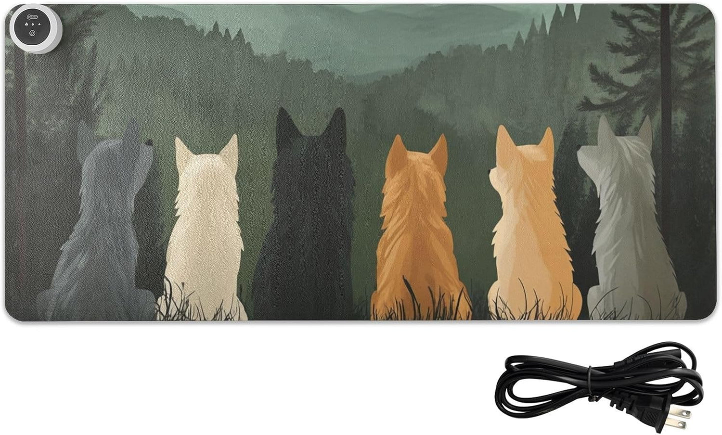 Heated Desk Pad Mouse Pad 31.5x13 Inch PU Leather Desk Mat with 3 Heat Levels Large Mouse Gaming Computer Laptop Mat Cute Wolves Back and Green Mountain
