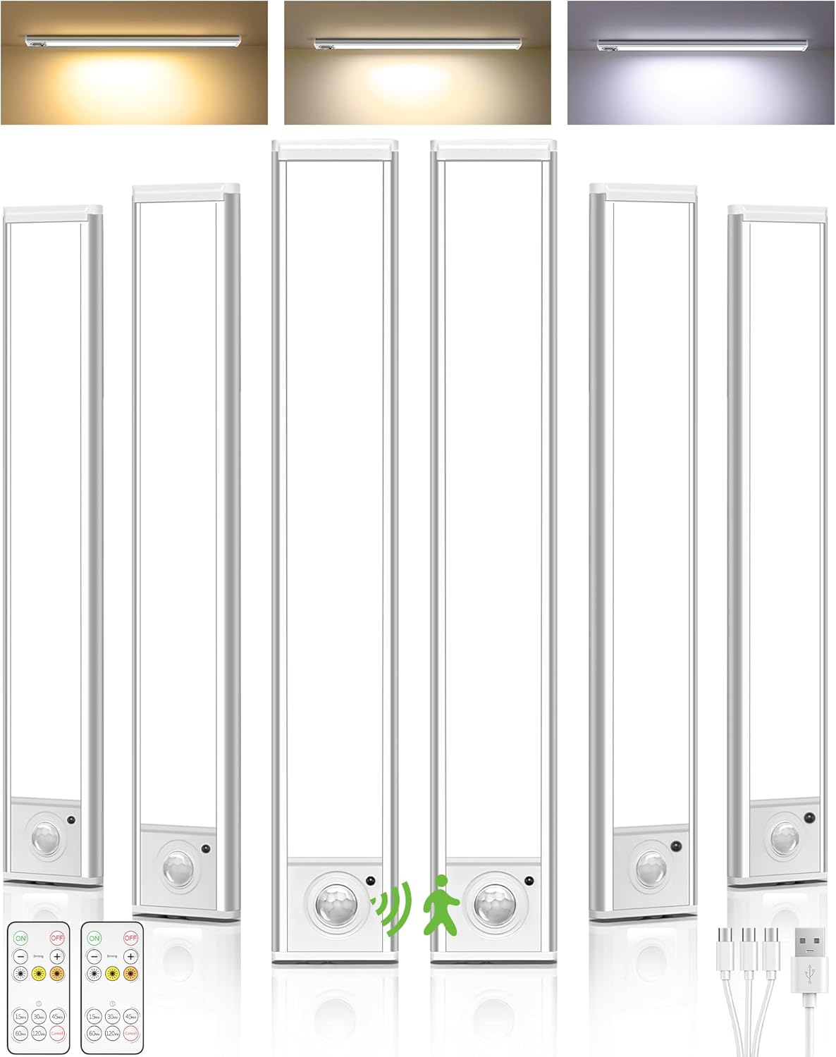 6Pack 12inch Under Cabinet Lighting, Rechargeable Motion Sensor Light Wireless Indoor, Dimmable 3 Color Temps Closet Lights with Remote, Indoor Under Counter LED Lights for Kitchen, Stairs
