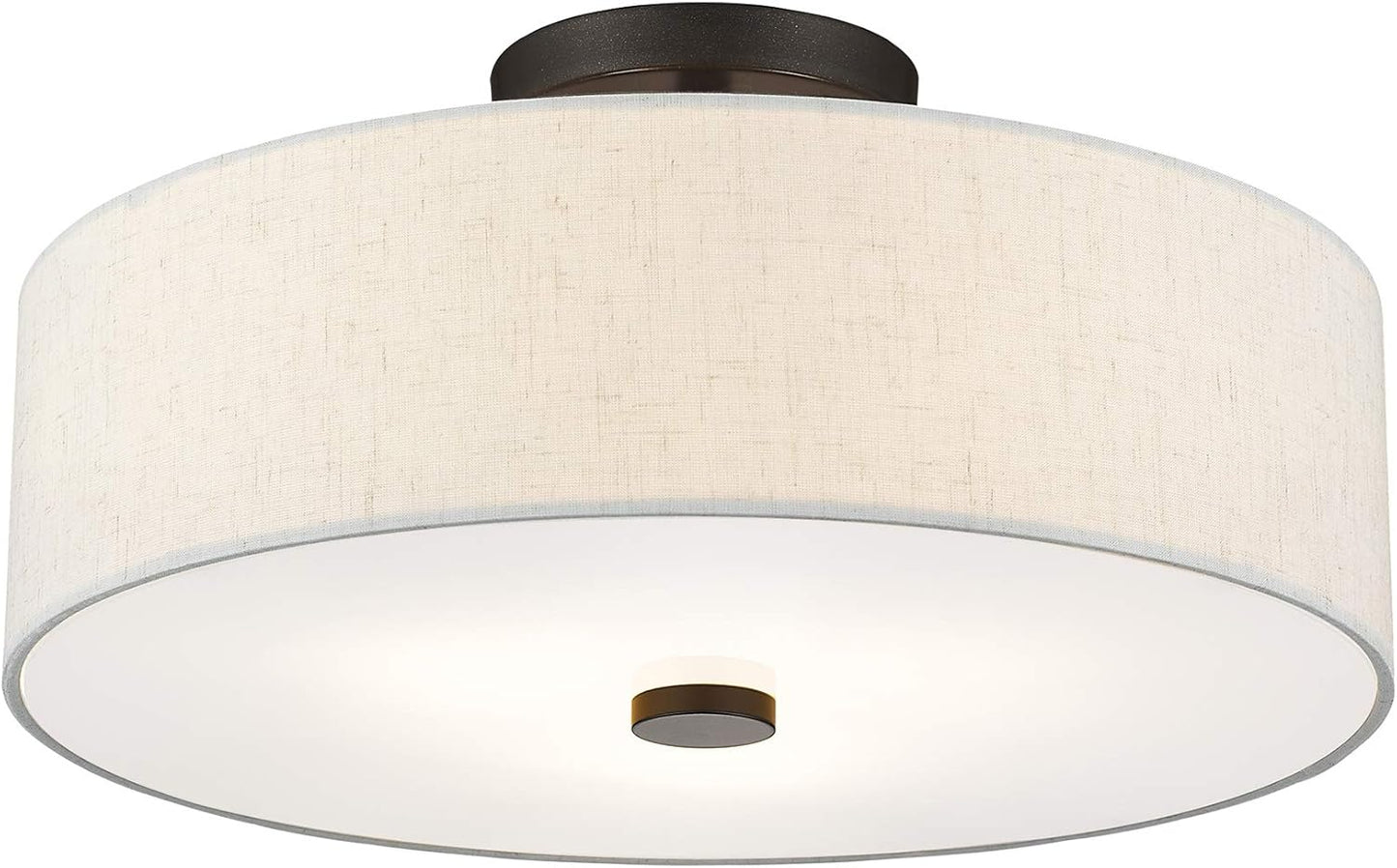 Livex Lighting 52135-92 Meridian Collection 3-Light Semi Flush Mount Ceiling Fixture with Oatmeal Color Fabric Hardback Drum Shade and Satin White Diffuser, English Bronze