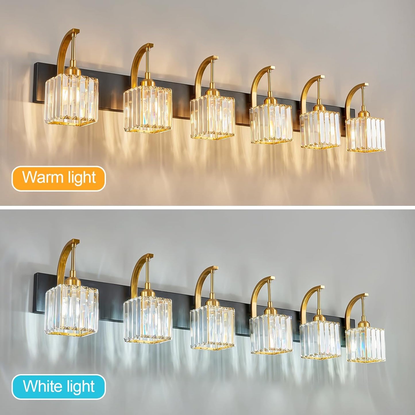 Crystal Vanity Lights 6-Light Black Gold Bathroom Vanity Lights Modern Crystal Bathroom Light Fixtures Over Mirror 51.18" Long Vanity Light for Bathroom