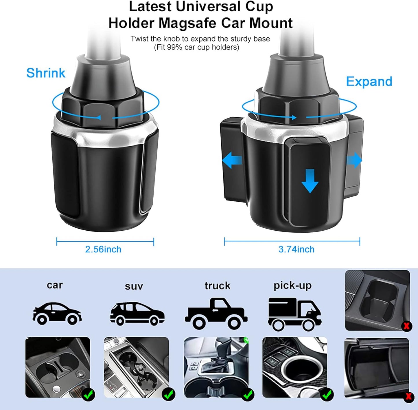Cup Holder Phone Mount Magnetic - Designed for MagSafe Cupholder Car Mount, Super Strong Magnet for Cell Phone Cup Holders, Expandable Base, Flexible Gooseneck, Compatible with iPhone, Galaxy, Pixel