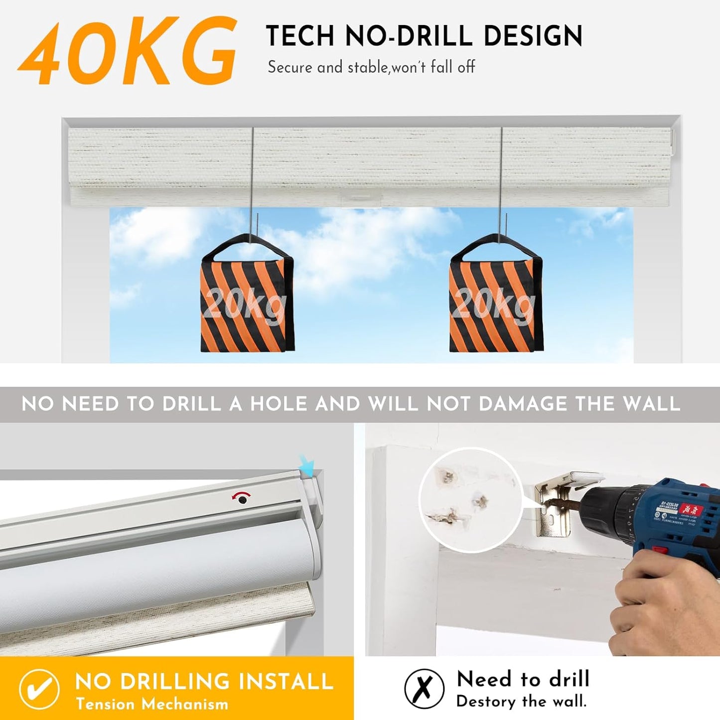 Persilux Smart Motorized Blinds with Remote, No Drill Automatic Roller Shades for Indoor Windows, Blackout Linen Fabric, Electric Blinds for Windows, Weave Mat C162BO-2, Custom Size
