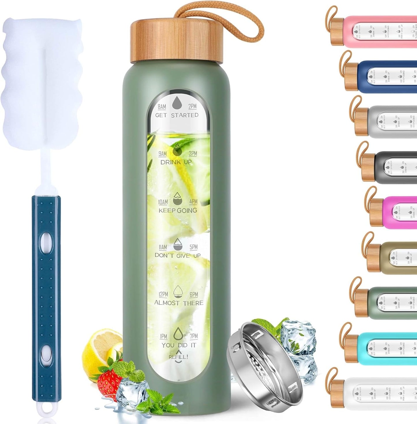 Aqulea Glass Water Bottles 25 Oz with Silicone Sleeve - BPA Free Reusable Wide Mouth Glass Motivational Water Bottles with Fruit Infuser – Leak Proof Borosilicate Water Bottle with Time Marker (Green)