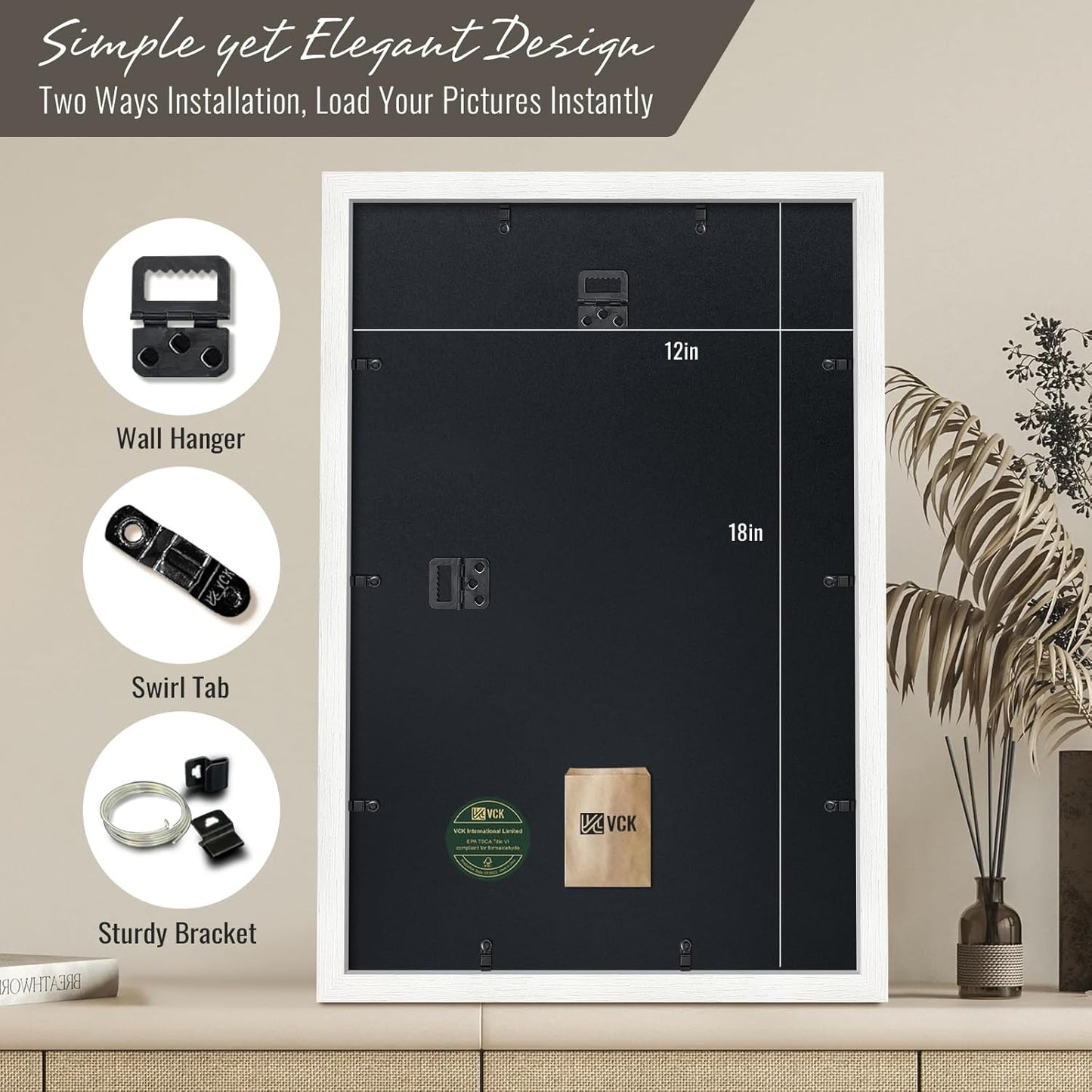 VCK 12x18 Picture Frames white Set of 6, Wide Border Wood Poster Frame, Multi-Directional Display Family Photos, Office Prints, Studio/Gallery Artwork, Woodgrain Series, Wall Hanging