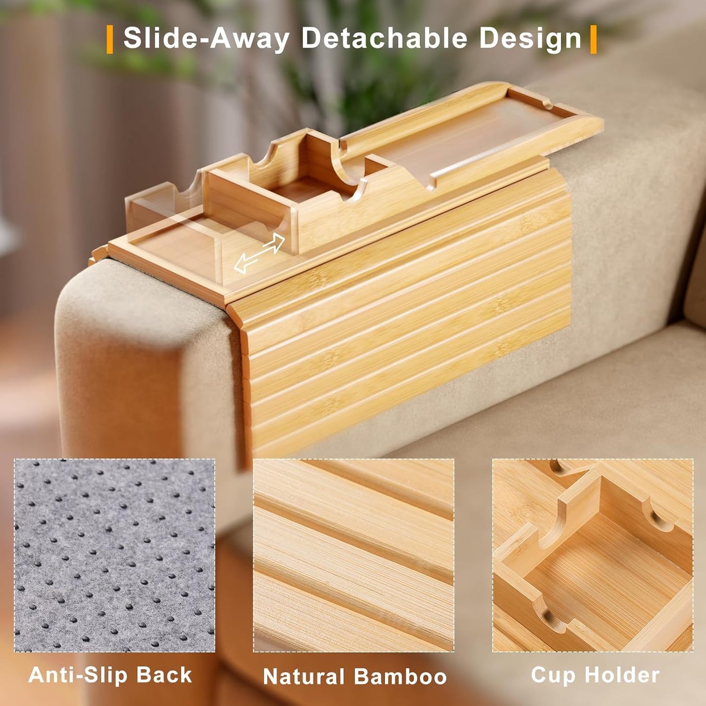 Bamboo Sofa Armrest Tray - Couch Arm Tray with Detachable Couch Cup Holder - 2 in 1 Anti-Slip Foldable Sofa Armchair Caddy Table for Drinks Cellphone TV Remote Snacks
