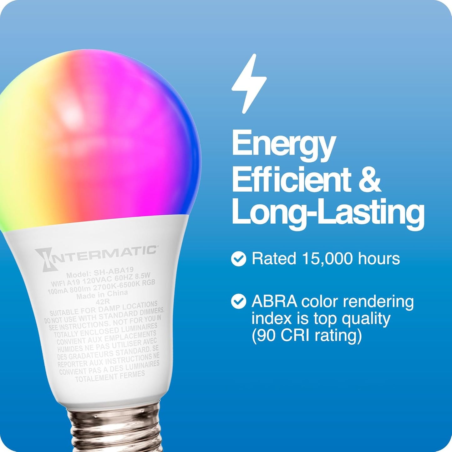Intermatic ABRA A19 Wi-Fi Smart Bulb, 800 Lumens - Voice Controlled RGB LED, Compatible with Alexa & Google Home - Timers & Schedules, 2.4 GHz Wi-Fi Only, No Hub Required (4 Pack)