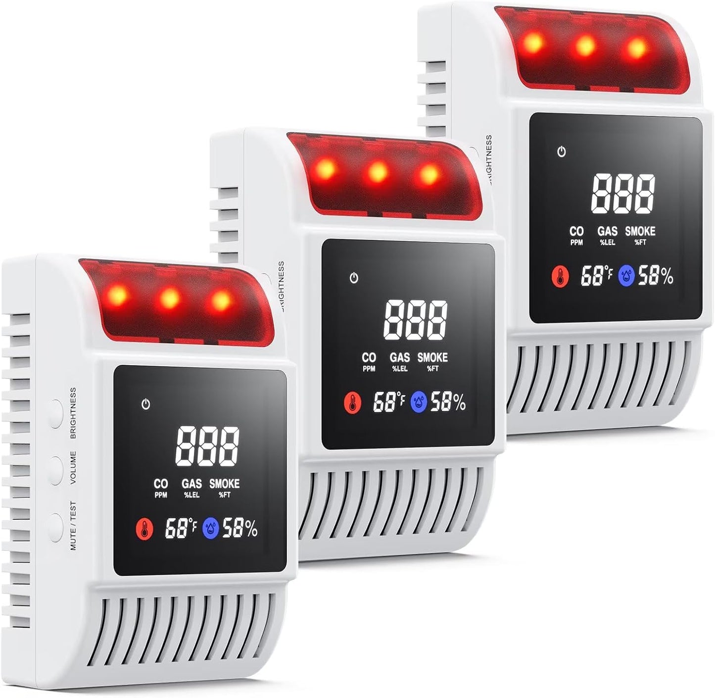 6-in-1 Smoke and Carbon Monoxide Detectors Plug in, Gas Leak Detector with Battery Backup Slot, Adjustable Brightness & Volume Levels, Smoke Alarm with Temp/Humidity for Home, RV, Travel(MR818,3-Pack)