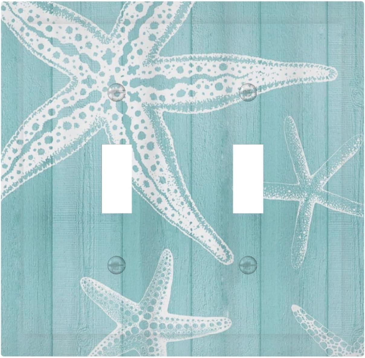 Decorative Light Switch Cover Plate Starfish Teal Wood Board Nautical 2 Gang Outlet Covers Double Toggle Wall Plates for Electrical Outlets Switch Plate Covers Faceplate for Bedroom Home Decor